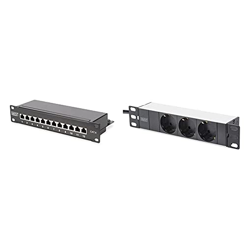 DIGITUS Cat-6 Patch-Panel - 12 Ports - RJ45-Buchsen - 10-Zoll Rack-Mount 1HE - LSA Verteiler-Feld - Geschirmt - Schwarz & Professional DN-95411 Steckdosenleiste 3-fach ohne Schalter schwarz von DIGITUS