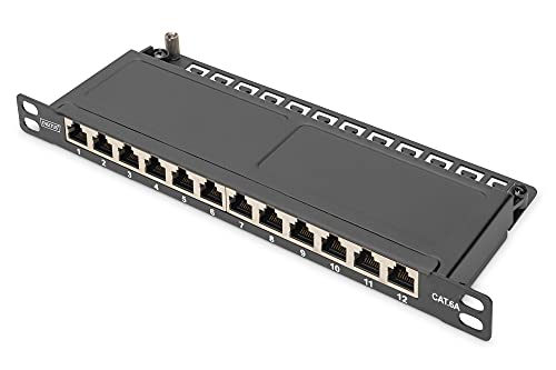 DIGITUS Cat-6A Patchpanel - 12 Ports - RJ45-Buchsen - 10-Zoll Rack-Mount 0.5HE - LSA Verteilerfeld - Geschirmt - Schwarz von DIGITUS