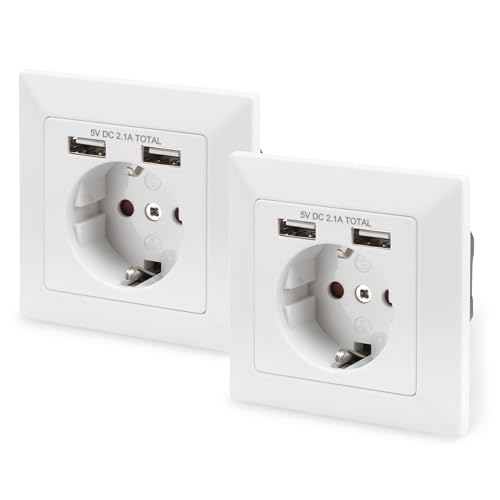 DIGITUS DA-70613 – Unterputz-Steckdose mit USB-A Ladegerät – 2 Stück – 2 USB-Buchsen – 5V / 2,1 A Gesamt – 250 V 50 Hz – Einbautiefe 32 mm – Bedingt Designfähig – Reinweiß RAL 9003 von DIGITUS