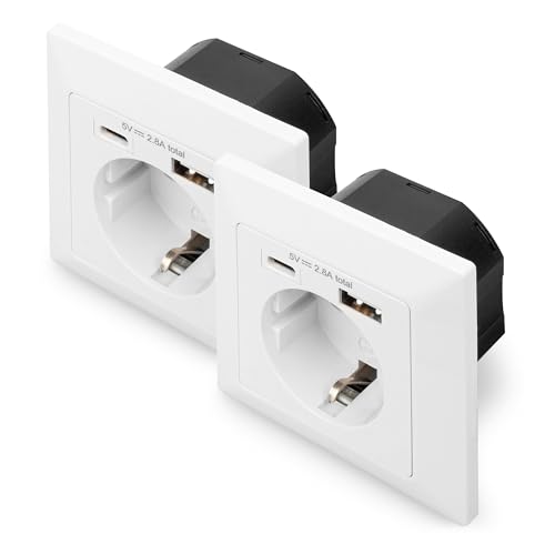 DIGITUS DA-70615 – Unterputz-Steckdose mit USB-Ladegerät – 2 Stück – 1x USB-A bis 2.8 A / 1x USB-C bis 2.8 A – Einbautiefe 32 mm – Bedingt Designfähig – Reinweiß RAL 9003 von DIGITUS