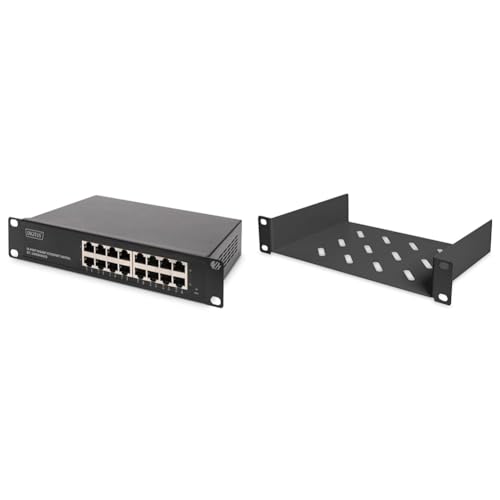 DIGITUS Gigabit Ethernet Netzwerk-Switch - 10 Zoll - 16 Ports & Fachboden - 1HE - 10-Zoll (254 mm) - Für Netzwerk-Schrank - 150 mm Tief - Perforiertes Stahl-Blech - Schwarz von DIGITUS