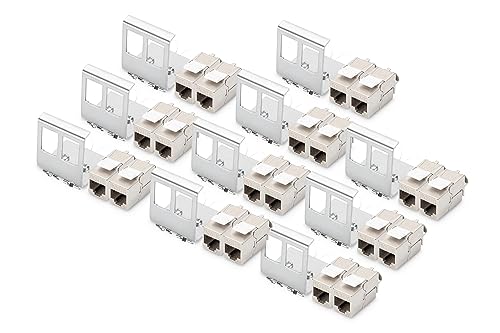 DIGITUS Set: Hutschienen-Adapter – 10 Stück – Mit 20x Cat6A Keystone-Modul – 45° Gewinkelt – Edelstahl – Offenes Gehäuse von DIGITUS