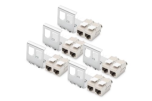 DIGITUS Set: Hutschienen-Adapter – 5 Stück – Mit 10x Cat6A Keystone-Modul – 45° Gewinkelt – Edelstahl – Offenes Gehäuse von DIGITUS