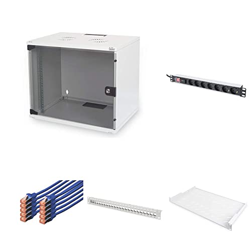 DIGITUS Set: 19-Zoll Set – Netzwerkschrank 7HE Grau – Fachboden – Steckdosenleiste – Cat6A Patchpanel & Keystone-Module – Cat6 Netzwerkkabel von DIGITUS