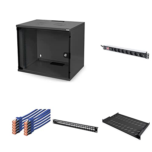 DIGITUS Set: 19-Zoll Set – Netzwerkschrank 7HE Schwarz – Fachboden – Steckdosenleiste – Cat6A Patchpanel & Keystone-Module – Cat6 Netzwerkkabel von DIGITUS