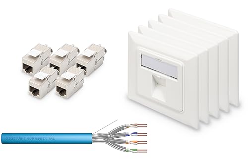 DIGITUS Set: Cat-6A Verlegekabel 100 m + 5x Netzwerkdose für 1 Keystone-Modul + 5x Keystone-Module Cat 6A // Netzwerkkabel Cat.6A U-FTP PiMF Simplex BauPVO Eca LSZH 500 MHz Kupfer AWG 23/1 von DIGITUS