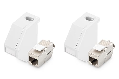 DIGITUS Set: Hutschienen-Adapter – 2 Stück – Mit 2x Cat6A Keystone-Modul – 45° Gewinkelt – Beschriftungsfeld – Mit Erdungsfeder – Grau von DIGITUS