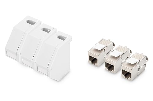 DIGITUS Set: Hutschienen-Adapter – 3 Stück – Mit 3x Cat6A Keystone-Modul – 45° Gewinkelt – Beschriftungsfeld – Mit Erdungsfeder – Grau von DIGITUS