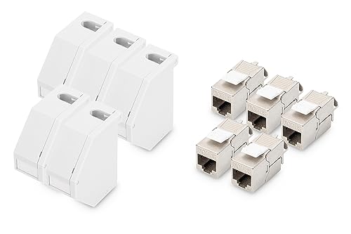 DIGITUS Set: Hutschienen-Adapter – 5 Stück – Mit 5x Cat6A Keystone-Modul – 45° Gewinkelt – Beschriftungsfeld – Mit Erdungsfeder – Grau von DIGITUS