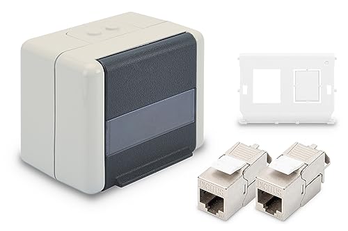 DIGITUS Set: Netzwerkdose Outdoor IP44 (1 Stück) – Mit Halter für Keystone-Module (1 Stück) – Inkl. Cat 6A Keystone-Modul Netzwerkbuchse (2 Stück) von DIGITUS