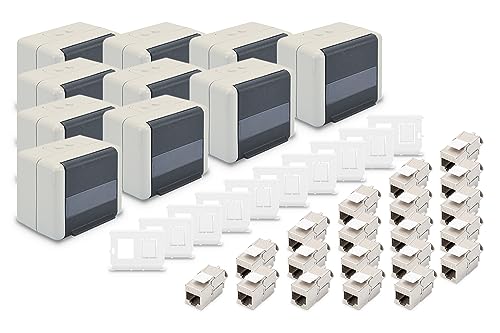 DIGITUS Set: Netzwerkdose Outdoor IP44 (10 Stück) – Mit Halter für Keystone-Module (10 Stück) – Inkl. Cat 6A Keystone-Modul Netzwerkbuchse (20 Stück) von DIGITUS