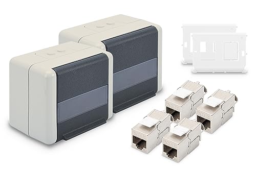 DIGITUS Set: Outdoor Netzwerkdose für Keystone-Module IP44 (2 Stück) – Inkl. Cat-6A Keystone-Modul Netzwerkbuchse (4 Stück) – Geeignet für Outdoor Ethernet Verlegekabel von DIGITUS