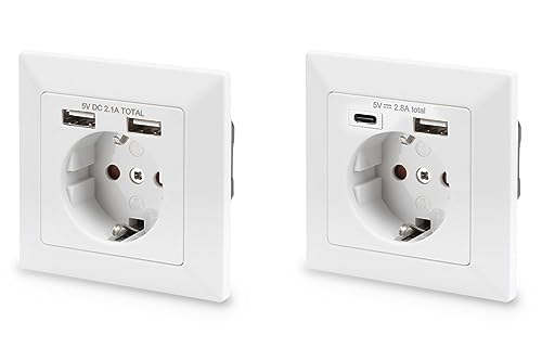 DIGITUS Set: Unterputz-Steckdose mit USB-A Ladegerät – 1x Version-1 (Doppelt USB-A) – 1x Version-2 (USB-A + USB-C) – Einbautiefe 32 mm – Bedingt Designfähig – Reinweiß RAL 9003 von DIGITUS