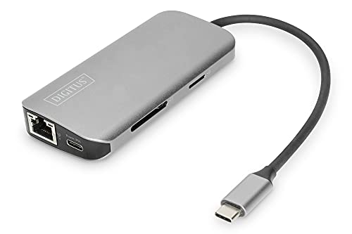 DIGITUS USB-C Multiport Docking Station – 8 Ports – 2x HDMI (4K@30Hz) – 2x USB 3.0 / USB 2.0, 1x USB Typ-C – RJ45 LAN, Kartenleser – Grau von DIGITUS