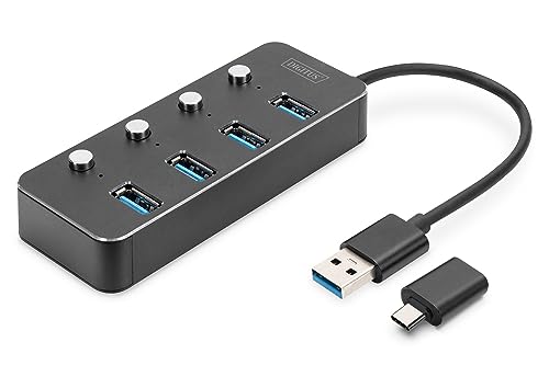 DIGITUS USB-Hub - 4 Ports - USB 3.0 - bis zu 5 Gbit/s - Ports einzeln schaltbar - inkl. USB-A auf USB-C-Adapter - Plug & Play - Aluminium Gehäuse - dunkelgrau DIGITUS USB-Hub - 4 Ports - USB 3.0 - bis zu 5 Gbit/s - Ports einzeln schaltbar - inkl. USB-A auf USB-C-Adapter - Plug & Play - Aluminium Gehäuse - dunkelgrau von DIGITUS