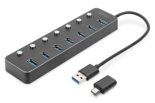 DIGITUS USB-Hub - 7 Ports - USB 3.0 - bis zu 5 Gbit/s - Ports einzeln schaltbar - inkl. USB-A auf USB-C-Adapter - Plug & Play - Aluminium Gehäuse - dunkelgrau von DIGITUS