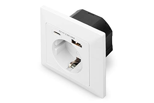 DIGITUS DA-70615 – Unterputz-Steckdose mit USB-Ladegerät – 1 Stück – 1x USB-A bis 2.8 A / 1x USB-C bis 2.8 A – Einbautiefe 32 mm – Bedingt Designfähig – Reinweiß RAL 9003 von DIGITUS