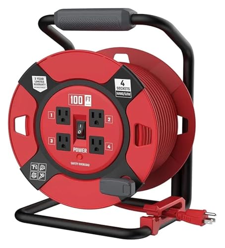 Kabeltrommel， 100 Fuß einziehbare Verlänrungskabeltrommel mit 4 Steckdosen und robustem 14AWG-Kabel(100 ft) von DIGNIFE