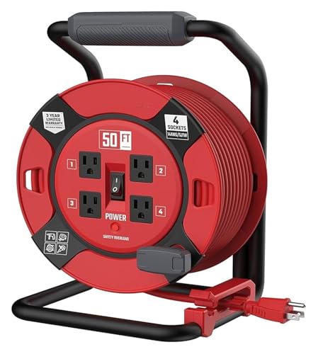 Kabeltrommel， 100 Fuß einziehbare Verlänrungskabeltrommel mit 4 Steckdosen und robustem 14AWG-Kabel(50 ft) von DIGNIFE