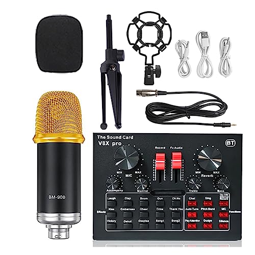 Soundkarten-Kit, Wireless Karaoke Mikrofon Stativ WXH1000 & BM900 USB Soundkarte V8XPRO Professional Studio Kondensator Mikrofon for PC Telefon MIC(Gold BM900 V8XPRO) von DIGNIFE