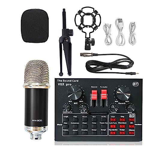 Soundkarten-Kit, Wireless Karaoke Mikrofon Stativ WXH1000 & BM900 USB Soundkarte V8XPRO Professional Studio Kondensator Mikrofon for PC Telefon MIC(Silver BM900 V8XPRO) von DIGNIFE