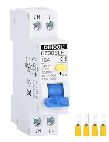 DIHOOL FI/LS Schutzschalter 16A 30mA 0.03 2-polig RCBO C16A Fehlerstromschutzschalter mit 18mm Breite | Bidirektionaler Anschluss FI LS Schalter von DIHOOL