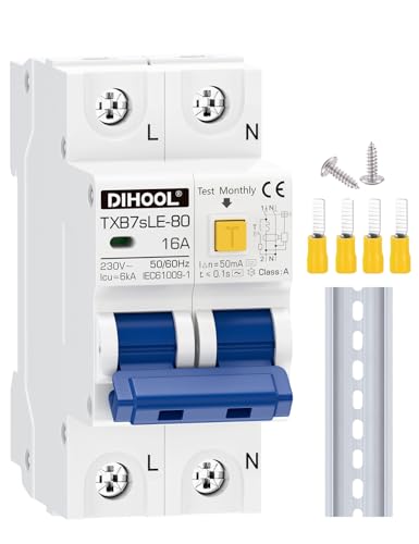 DIHOOL FI Schutzschalter 1P+N 16A 30mA Typ A 230V/AC Fehlerstromschutzschalter Rohs Leitungsschutzschalter FI-Schalter Sicherungsautomat von DIHOOL