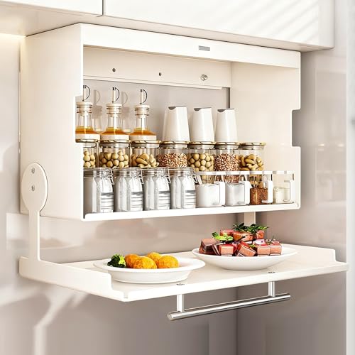 DIHRVTHC Küchenschrank-Wandregal mit Klapptür, Metall-Wandschrank Organizer zur Aufbewahrung von Gewürzen, Geschirr und Utensilien, passend für Küche, Esszimmer und Speisekammer(Wit,39.9cm) von DIHRVTHC