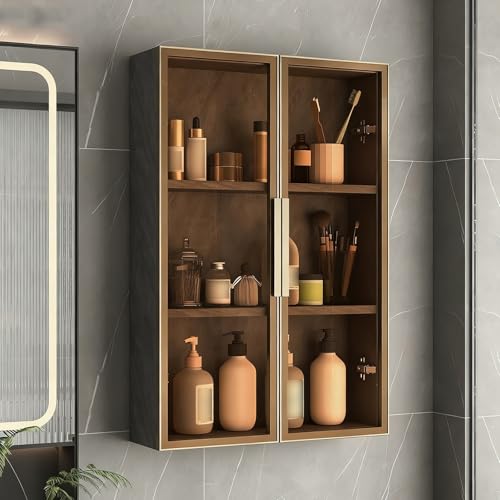 DIHRVTHC Wandmontierter Aufbewahrungsschrank aus Massivholz mit Glastüren, vielseitig einsetzbarer Gewürzschrank mit hochklappbarem Design für Küche, Bad, Balkon oder Toilette(Gray+Gold,50cm) von DIHRVTHC