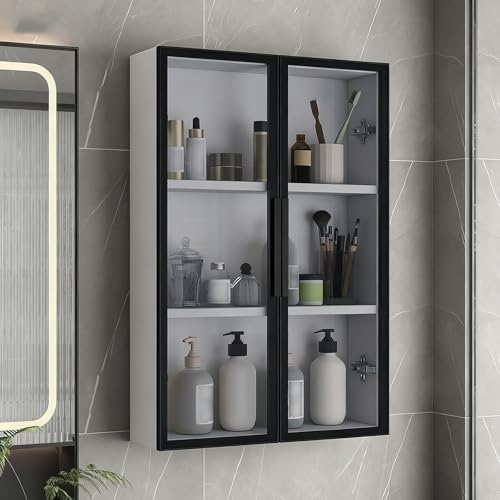 DIHRVTHC Wandmontierter Aufbewahrungsschrank aus Massivholz mit Glastüren, vielseitig einsetzbarer Gewürzschrank mit hochklappbarem Design für Küche, Bad, Balkon oder Toilette(White+Black,60cn) von DIHRVTHC