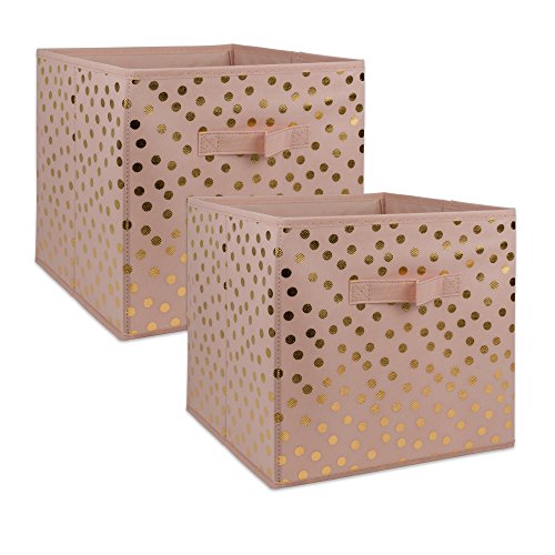DII Non Woven Storage Collection Polka Dot faltbarer Mülleimer, großes Set, 33 x 33 x 33 cm, Würfel, Rosa und Gold, 2 Stück von DII