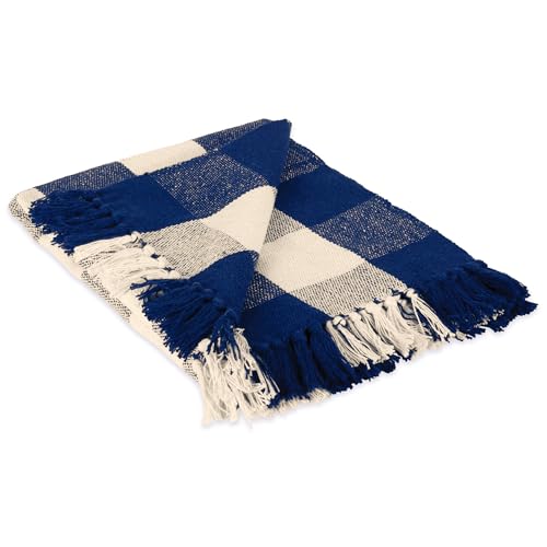DII Buffalo Check Collection Rustikale Bauernhaus-Überwurfdecke mit Quasten, 127 x 152 cm, Marineblau/Cremefarben von DII