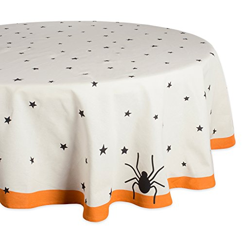 DII Halloween-Tisch-Kollektion Schwarze Sterne/gruselige Spinne mit orangefarbenem Rand auf naturweißem Hintergrund, maschinenwaschbar, Baumwolle, 70" Round Tablecloth von DII