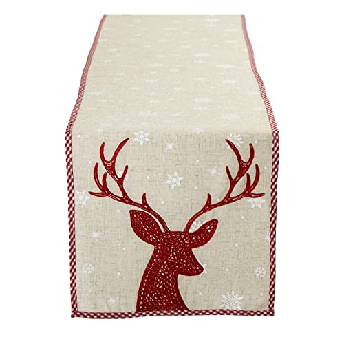 DII Tischdekoration für den Urlaub Bestickter Tischläufer mit Weihnachtsmotiv, Polyester-Mischung, Red Reindeer & Snowflakes, 14x70 von DII