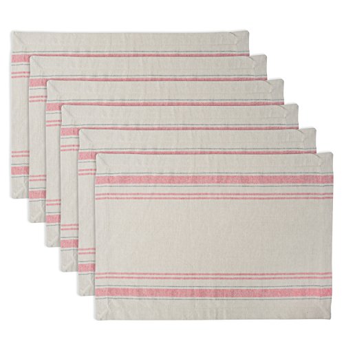 DII French Stripe Tabletop Collection Tischset-Set, Bauernhaus-Stil, 33 x 48 cm, Taupe/Rot, 6-teilig von DII