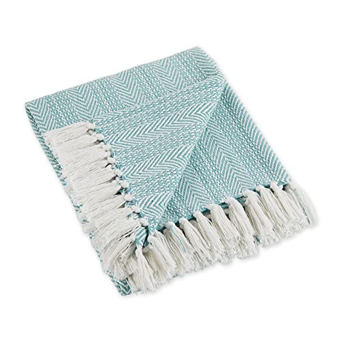 DII Überwurf mit Fischgratmuster für drinnen und draußen, 100% Baumwolle, Decke für Camping, Strände, Barbeque, jeden Tag – 127 x 152,4 cm, Chevron, Marineblau, Aqua, Herringbone Stripe von DII