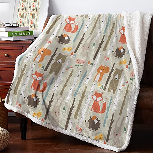 Cartoon Waldtier Baum Fuchs Bär Kaninchen Kind Überwurfdecke Tagesdecke Warmes Fleece Doppellagige Fleecedecke Weihnachtsgeschenkdecken 130x150cm von DIICMA