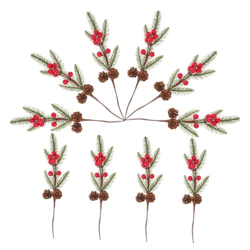 DIKACA 10 Stück Simulierte Weihnachtskiefernkegel Tannennadel Girlande Simulation Beerenkiefernnadeln Stängel der roten Beerenpflücker künstliche Kiefernzweige Kiefernnadelzweige Plastik von DIKACA
