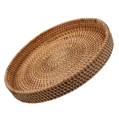 DIKACA Aufbewahrungskorb aus Rattan Obstkorb flechten handgewebte Tabletts Tischkorb Couchtisch Tablett rund rundes couchtischtablett Regalorganisator gewebtes Tablett rund Hellbraun von DIKACA