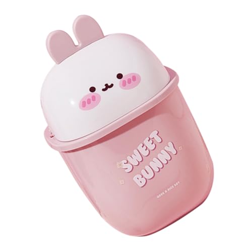 DIKACA Mini Desktop Mülleimer mit Deckel Süßer Kaninchen design Kompakter Tischabfallbehälter aus Robustem PP für Küche Büro Schlafzimmer in Rosa weiß von DIKACA