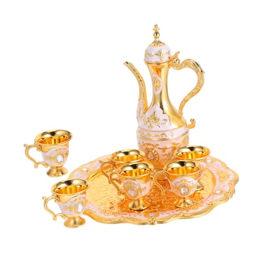 DIKACA Vintage Türkisches Trinkset Metall mit Prägung und Diamantbesatz Kelchgläser Hochwertiger Weinausschank mit Tablett Robustes Dekoratives Trinkgeschirr für Hochzeit und Party von DIKACA