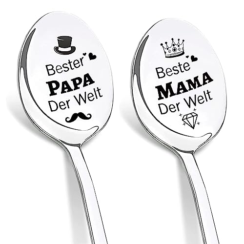 DIKARIYA Mama und Papa Geschenke, Muttertagsgeschenke für Mama, Vatertagsgeschenke für Papa, 2er Kaffeelöffel mit Gravur, Beste Mama und Papa der Welt, Löffel Edelstahl Geburtstagsgeschenk für Eltern von DIKARIYA