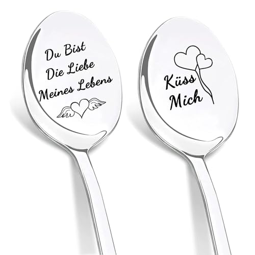 DIKARIYA Jahrestag Geschenk für Frauen, 2er Kaffeelöffel mit Gravur, Du bist die Liebe meines Lebens, Hochzeit Geschenk für Freundin, Liebeslöffel Kleine Geburtstagsgeschenk für Partner Paare Männer von DIKARIYA