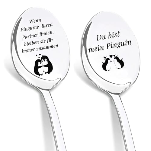 DIKARIYA Hochzeitstag Geschenke für Frauen und Männer, 2er Kaffeelöffel mit Gravur, Pinguin Geschenk Jahrestag Geschenk für Sie und Ihn, Hochzeitsgeschenk für Brautpaar, Geschenke für Partner Pärchen von DIKARIYA