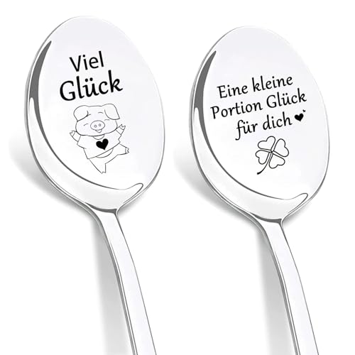 DIKARIYA Geschenk zum Neuen Job für Frauen Männer, 2er Kaffeelöffel mit Gravur Viel Glücke Löffel, Positive Geschenke Schweinchen, Abschiedsgeschenk für Kollegen Kollegin Jobwechsel Neuanfang Geschenk von DIKARIYA