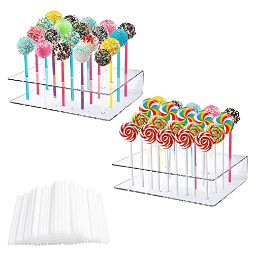 DIKEBAO 2 Stück Lollipop Ständer 20 Löcher Cake Pop Ständer Klar Lutscher Halter Acryl Popcake Halterung mit 100 Stück Lutscher Sticks 16*9*4cm Pop Cake Ständer für Süßigkeiten Dekoration Geburtstag von DIKEBAO