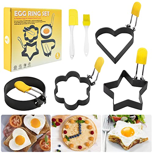 DIKEBAO 4 Stück Spiegeleiform Edelstahl Ei Ring Herz Eierring Pfanne Antihaft Pancake Form Omelettformmit klappbaren Griffen+Ölpinsel+ Messer für Hamburger Pfannkuchen Spiegeleier Omelette Pancake von DIKEBAO