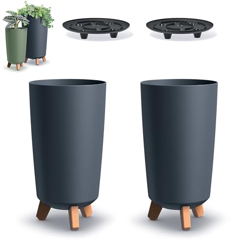 DIKEL 2X Runder Blumentopf Gracia Tubus auf Beinen - Pflanzkübel mit 3 Steckfüßen in Holzoptik | Übertöpfe für drinnen und draußen | Pflanzentopf stilvolle Dekoration für Haus und Garten | Anthrazit von DIKEL