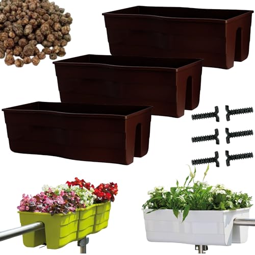 DIKEL Geländerkasten 3 X 58x29x20 cm | Balkonkasten für Balkongeländer mit Blähton für Drainage und Luftzirkulation | Pflanzkasten fördert gesundes Pflanzenwachstum und verhindert Wurzelfäule | Braun von DIKEL