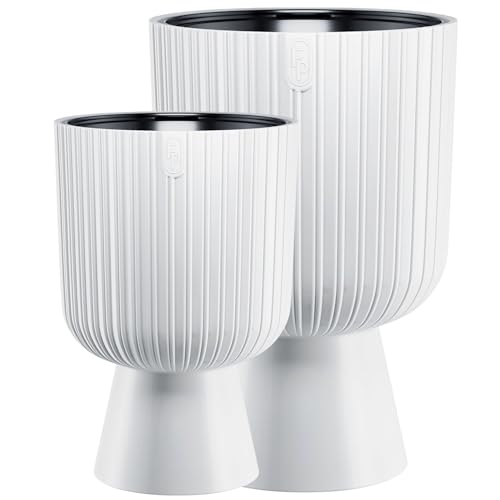 DIKEL Blumentopf groß Set Ø 29 cm x 43 H und Ø 39 cm x 58 cm| Blumentöpfe mit geriffelter Struktur und stabilem Standfuß | Übertopf in moderner Optik | Blumentöpfe ideal für Innendekoration | Weiß von DIKEL